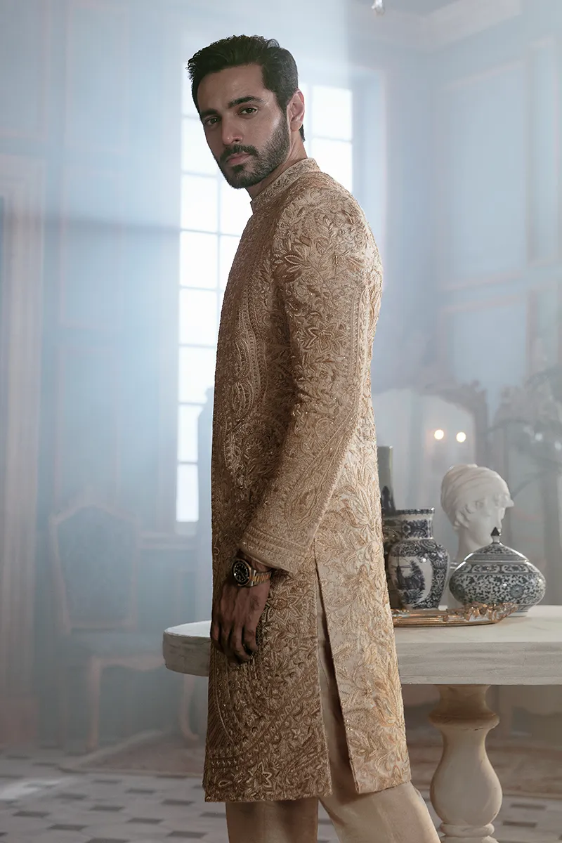 Hand-Embroidered Mens Groom Sherwani in Jamawar Fabric