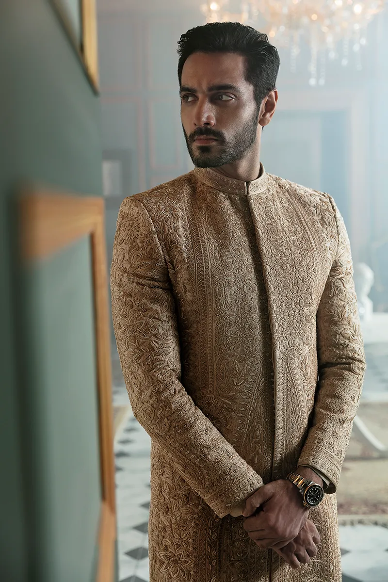 Hand-Embroidered Mens Groom Sherwani in Jamawar Fabric