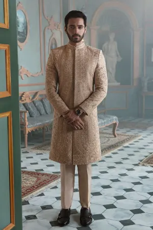Hand-Embroidered Mens Groom Sherwani in Jamawar Fabric