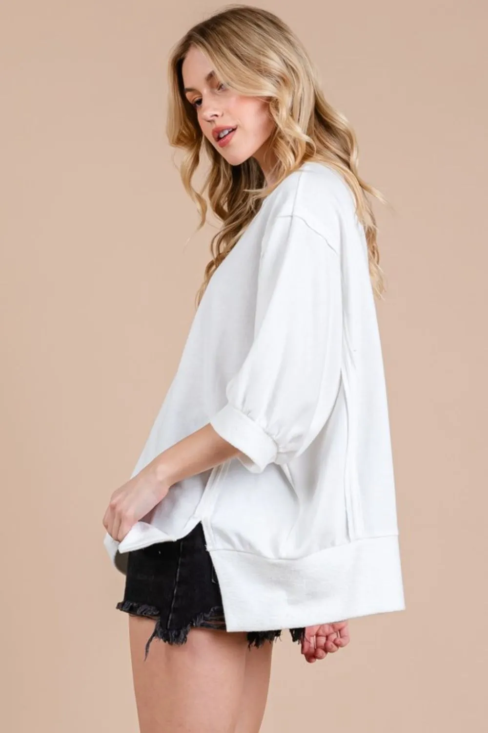 Hazel Blues® |  Ces Femme Side Slit Drop Shoulder Puff Sleeve Sweatshirt