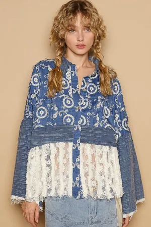 Hazel Blues® |  POL Lace Hem Embroidered Long Sleeve Shirt