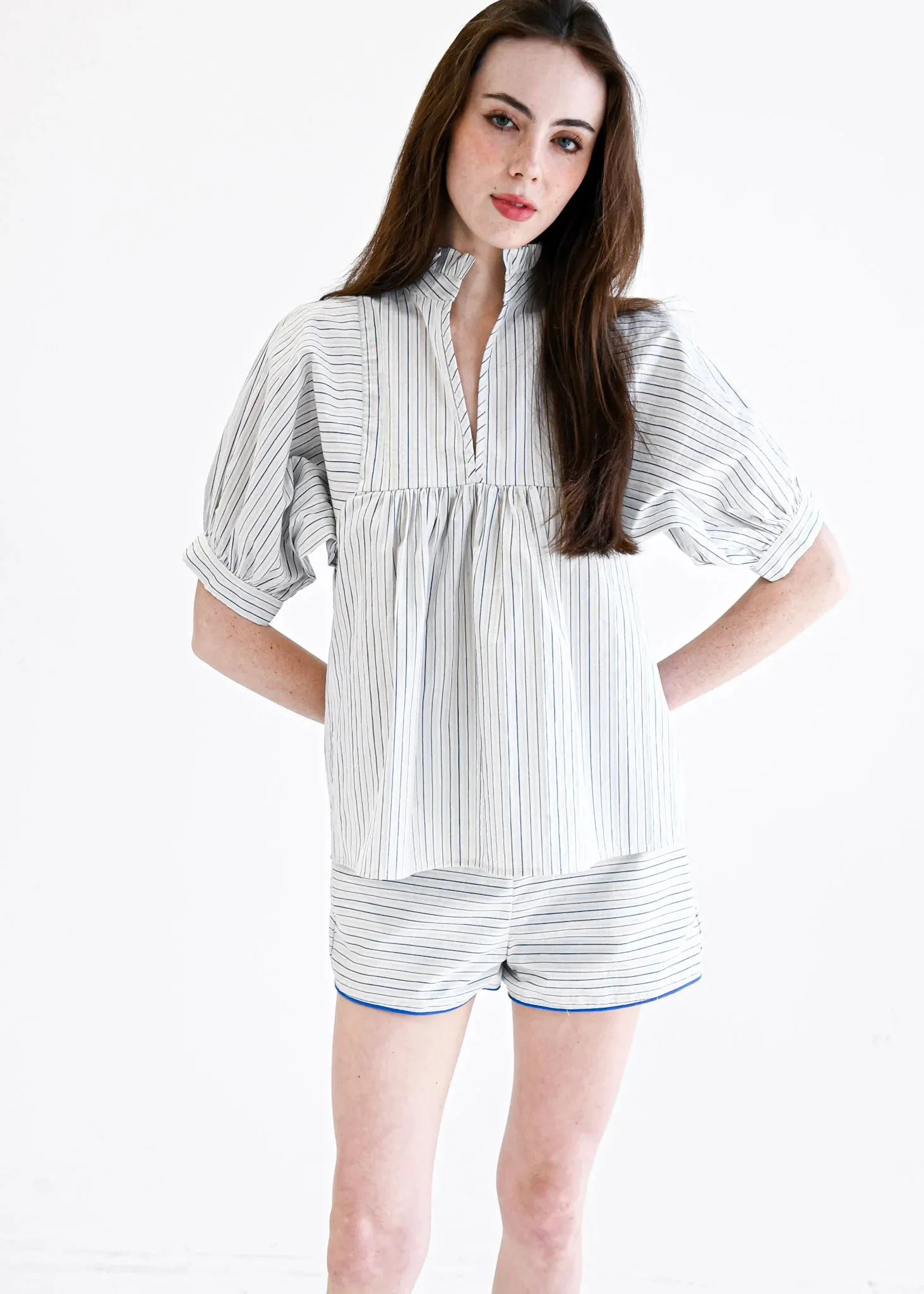 High Neck Top in Blue Stripe