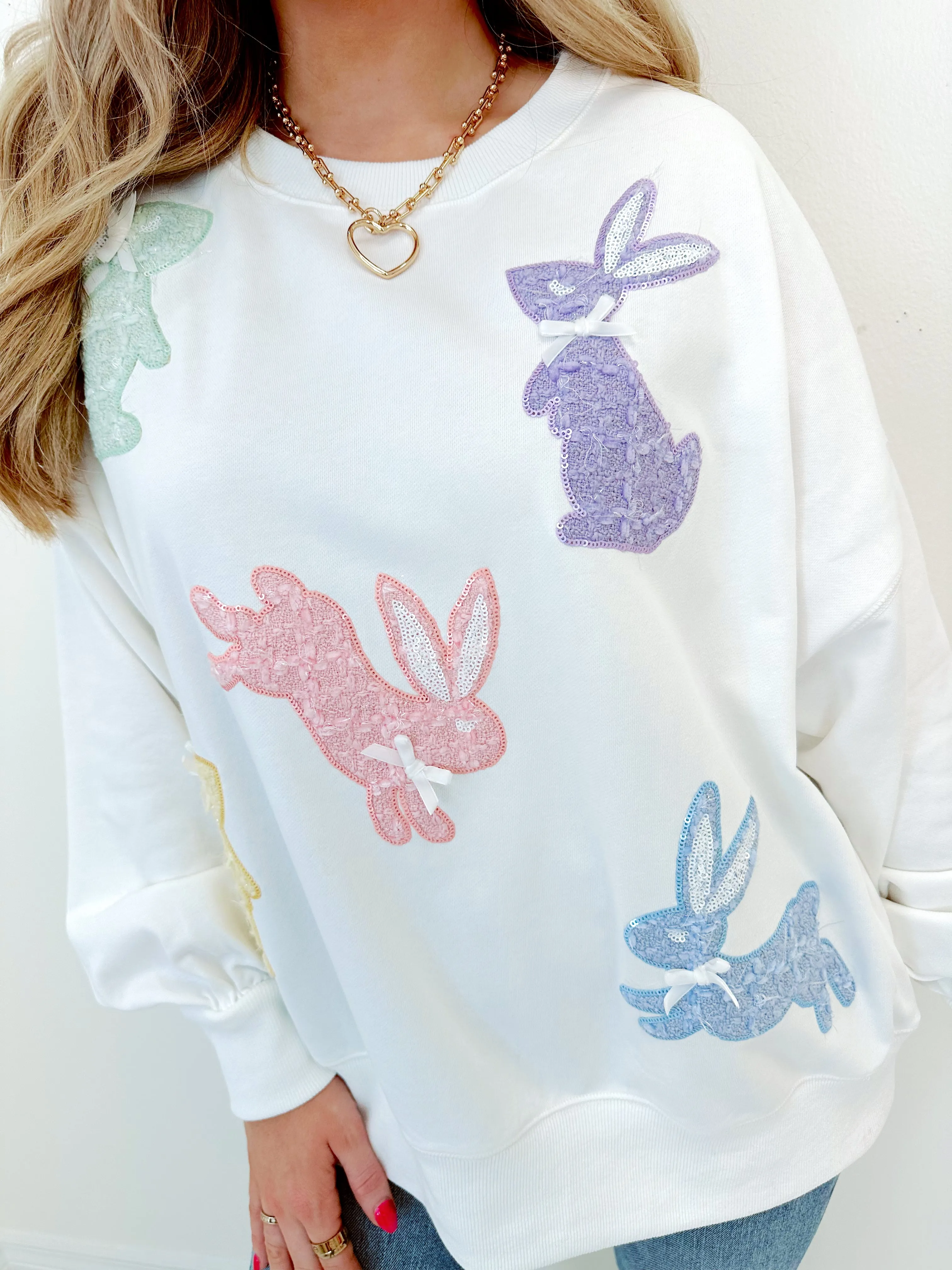 Hippity Hop Tweed & Sequin Patch Sweatshirt