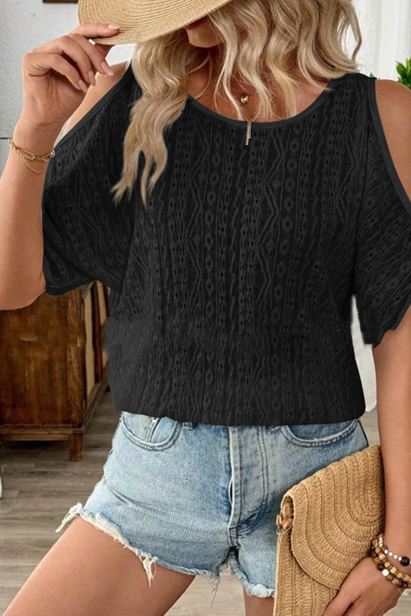 HTZ1094 Cold Shoulder Eyelet Knit Top