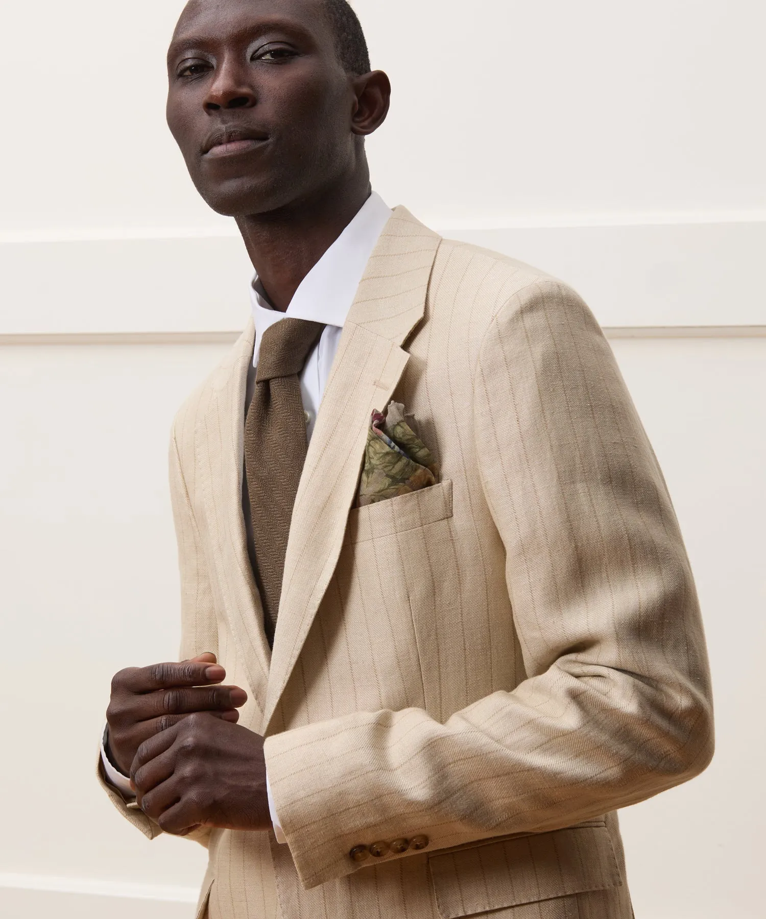Italian Linen Silk Sutton Jacket in Tan Pinstripe