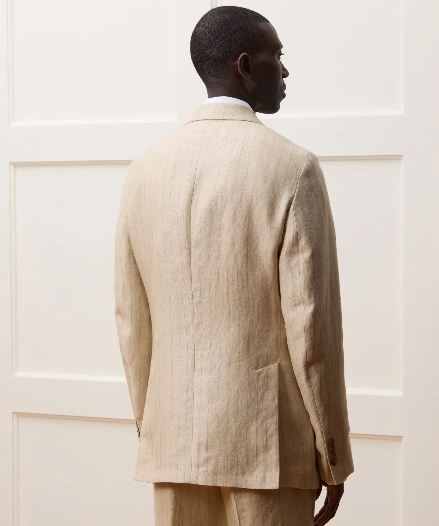 Italian Linen Silk Sutton Jacket in Tan Pinstripe