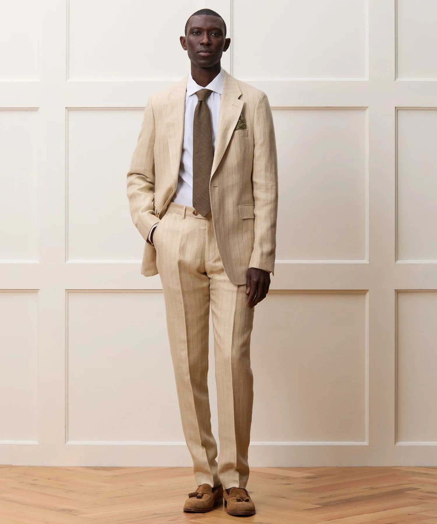 Italian Linen Silk Sutton Jacket in Tan Pinstripe