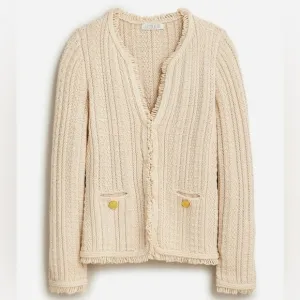 J. Crew Textured Cable-Knit Lady Wool Blend Fringe Jacket in Pale Bone Cream XS