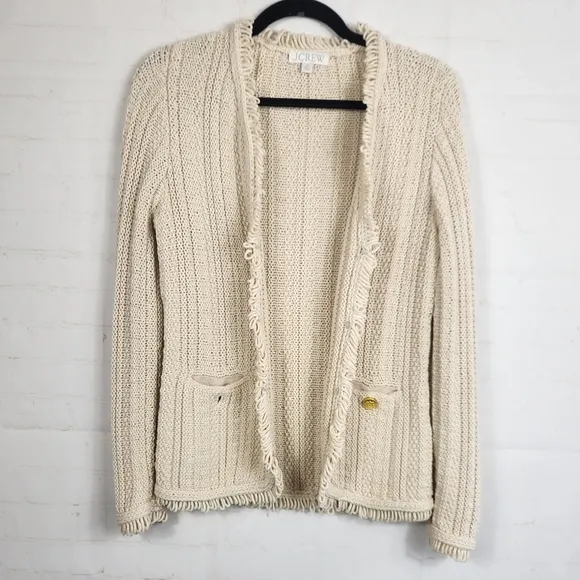 J. Crew Textured Cable-Knit Lady Wool Blend Fringe Jacket in Pale Bone Cream XS