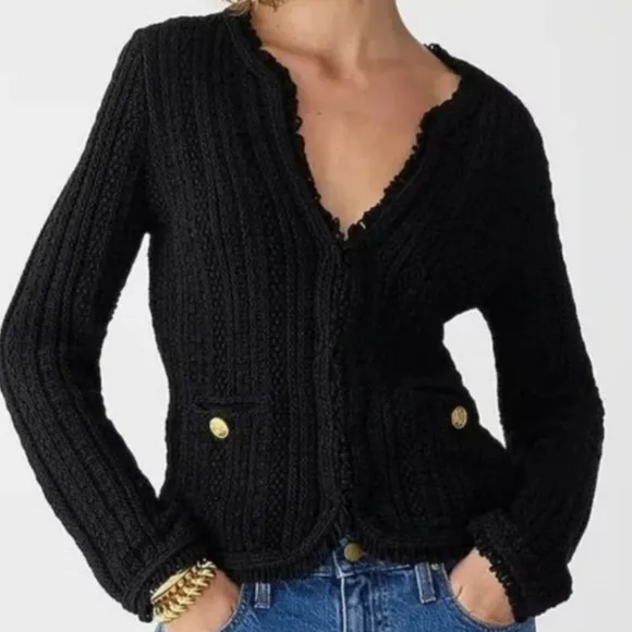 J. Crew Textured Cable-Knit Lady Wool Blend Fringe Jacket in Pale Bone Cream XS