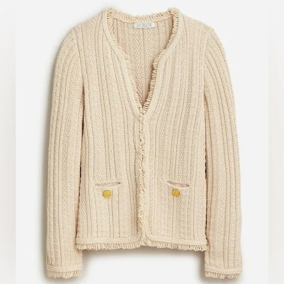 J. Crew Textured Cable-Knit Lady Wool Blend Fringe Jacket in Pale Bone Cream XS