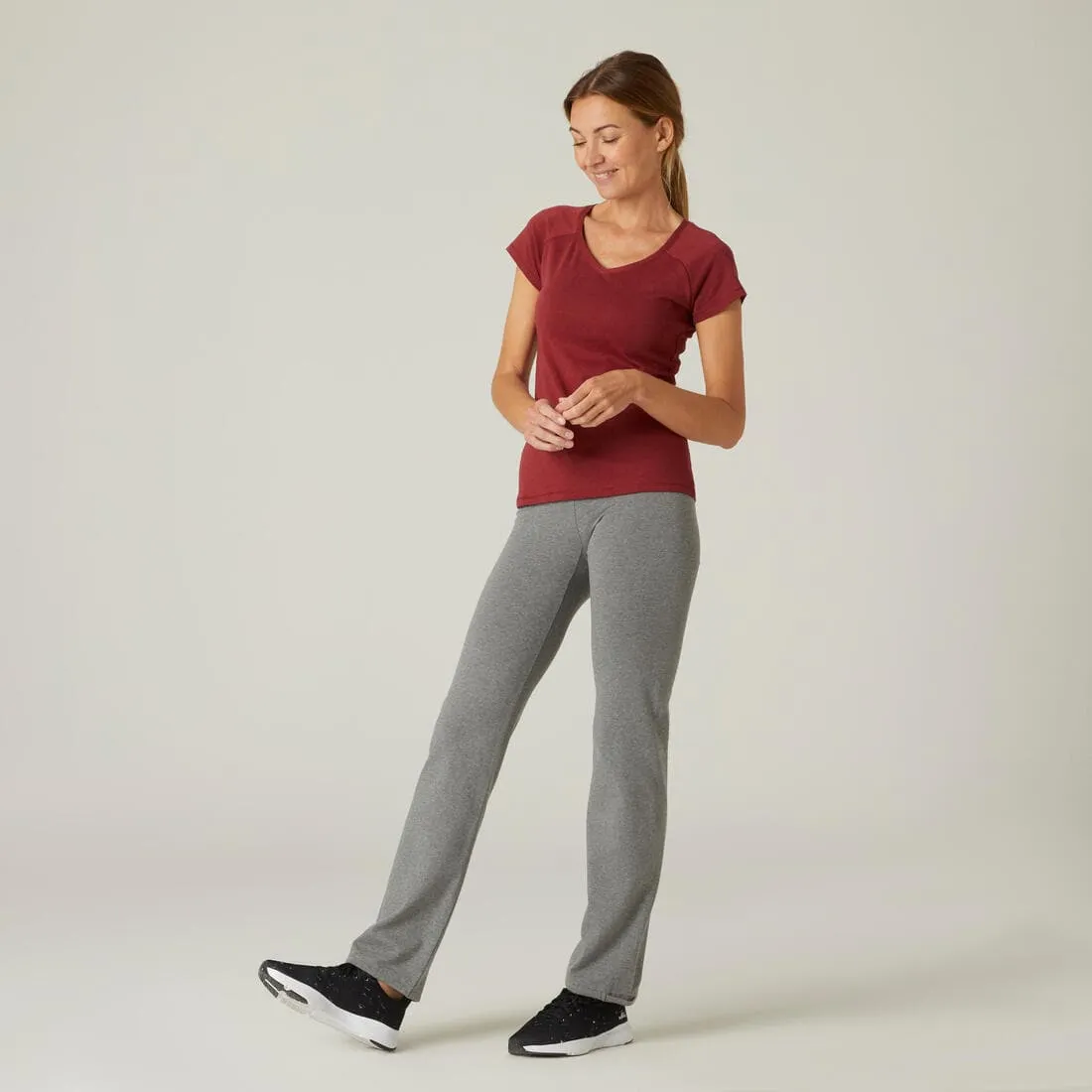 Legging fitness long coton extensible bas resserable femme - Fit  gris chiné