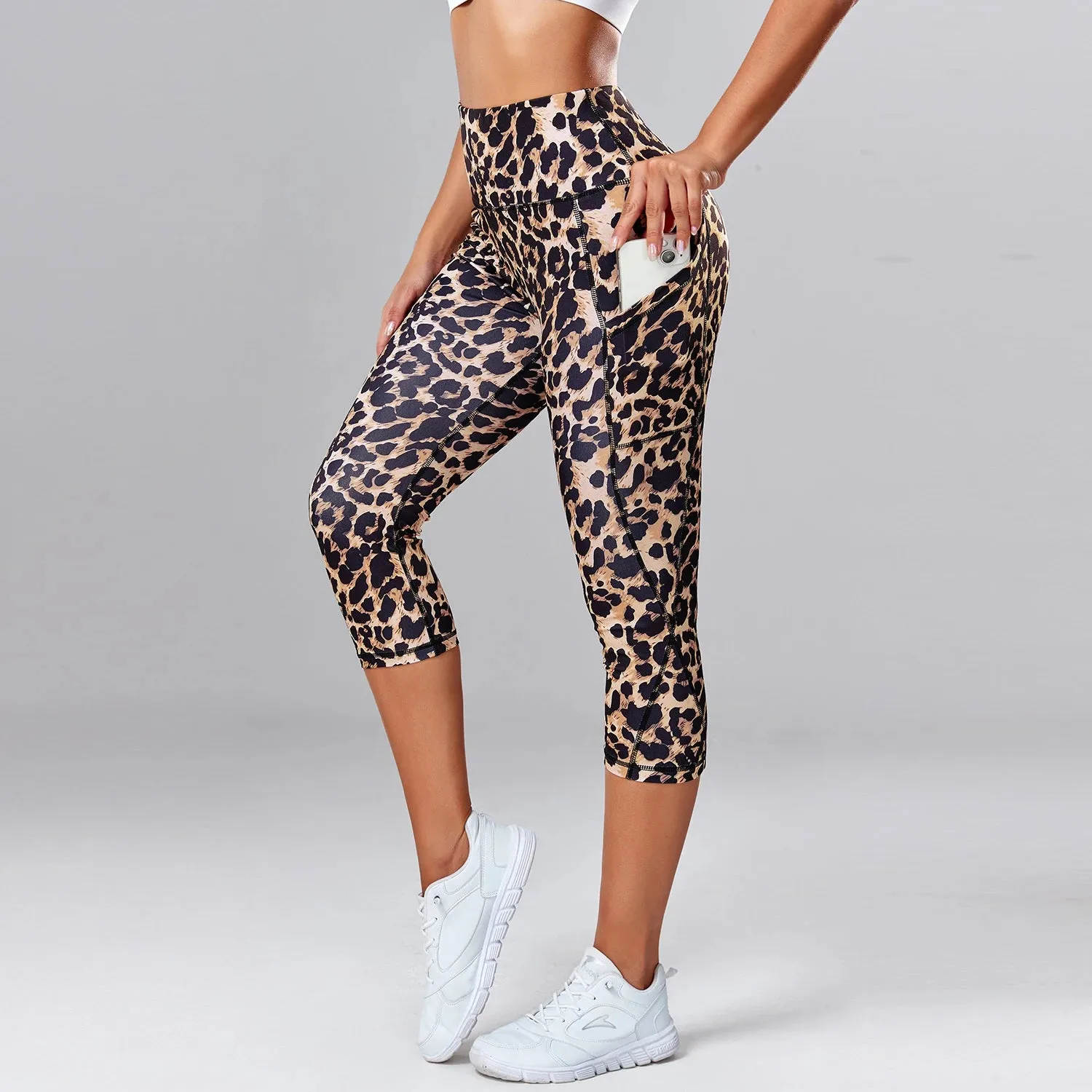 Leopard Yoga Pants Women - Capris Cropped Leggings with Pocket