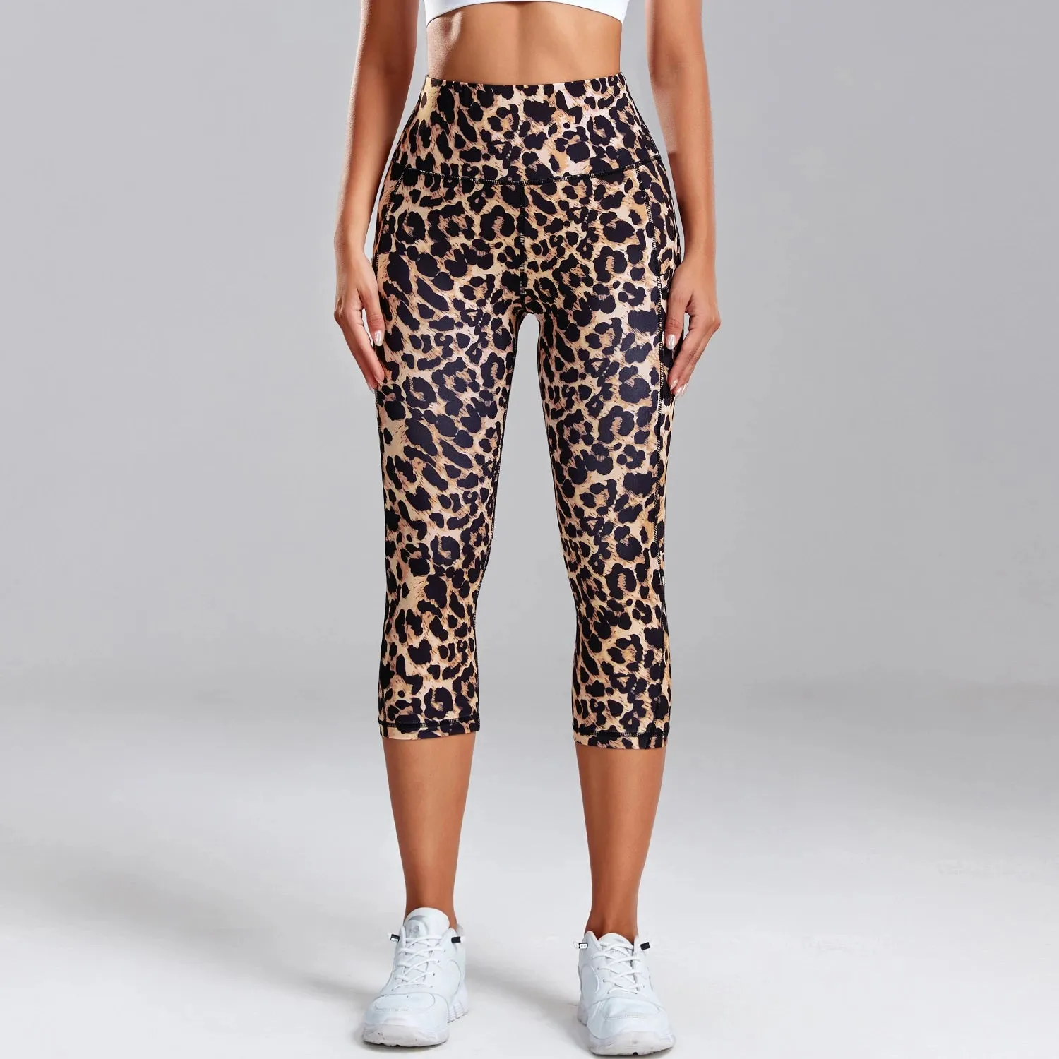Leopard Yoga Pants Women - Capris Cropped Leggings with Pocket