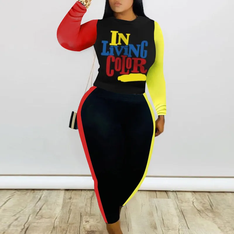 Letter Print Colorful Patchwork Long Sleeve Top & Pants Set