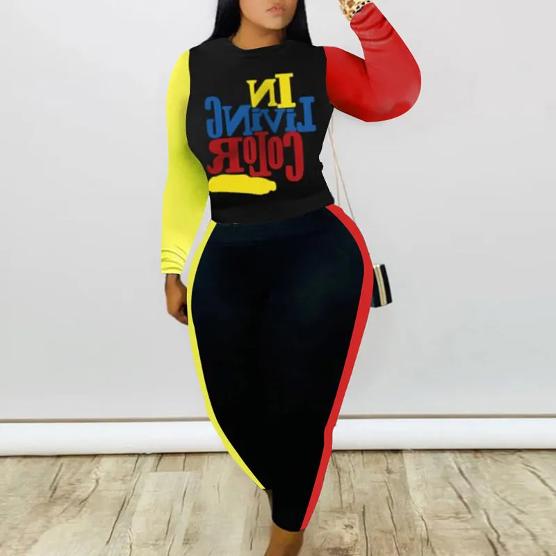 Letter Print Colorful Patchwork Long Sleeve Top & Pants Set