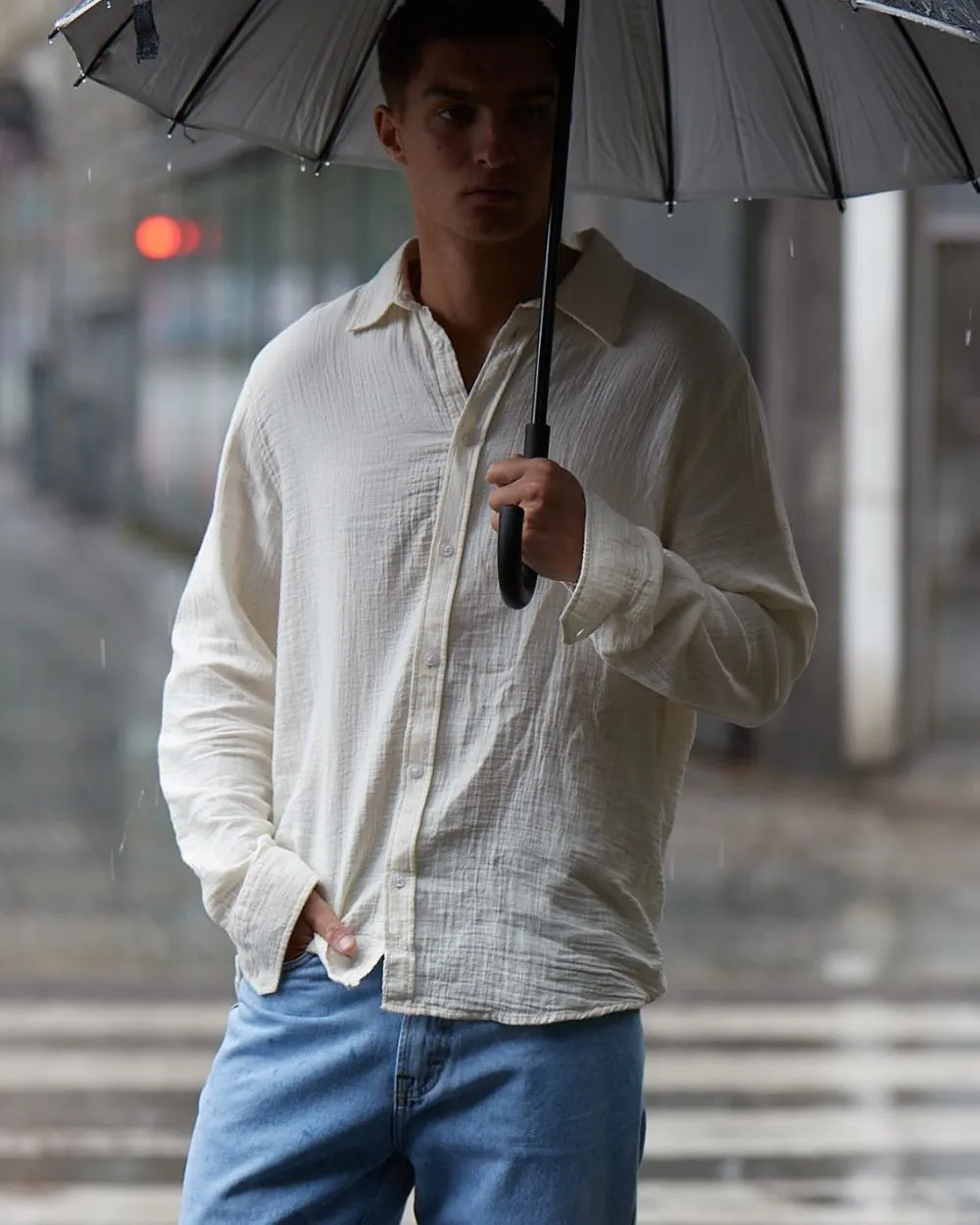 Long Sleeve Crinkle Shirt Cream White