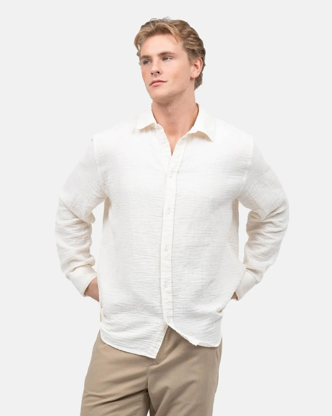 Long Sleeve Crinkle Shirt Cream White