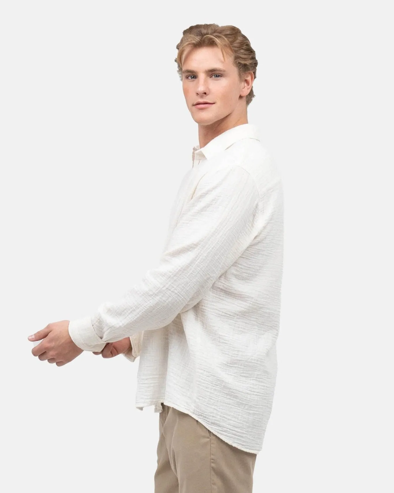Long Sleeve Crinkle Shirt Cream White