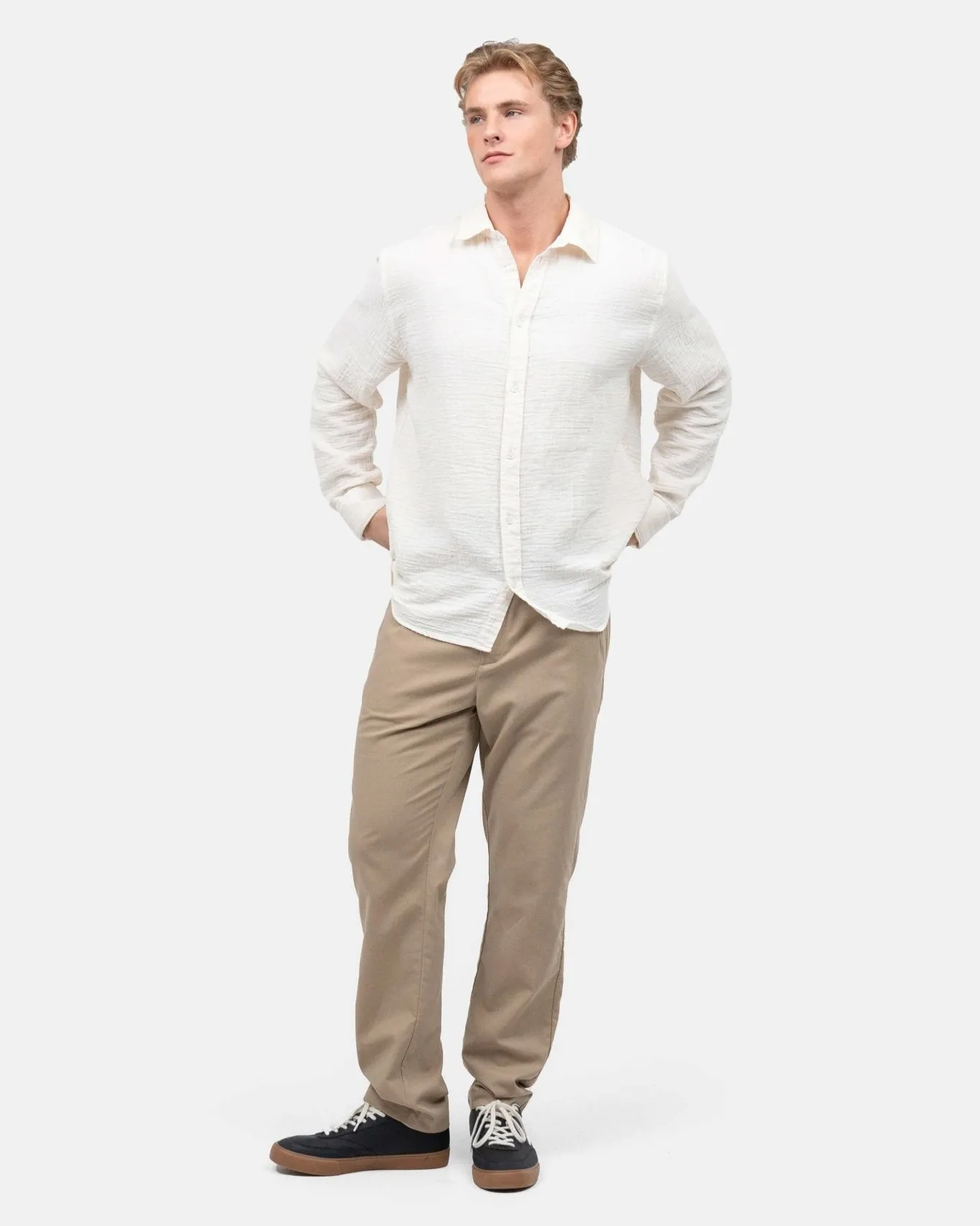 Long Sleeve Crinkle Shirt Cream White