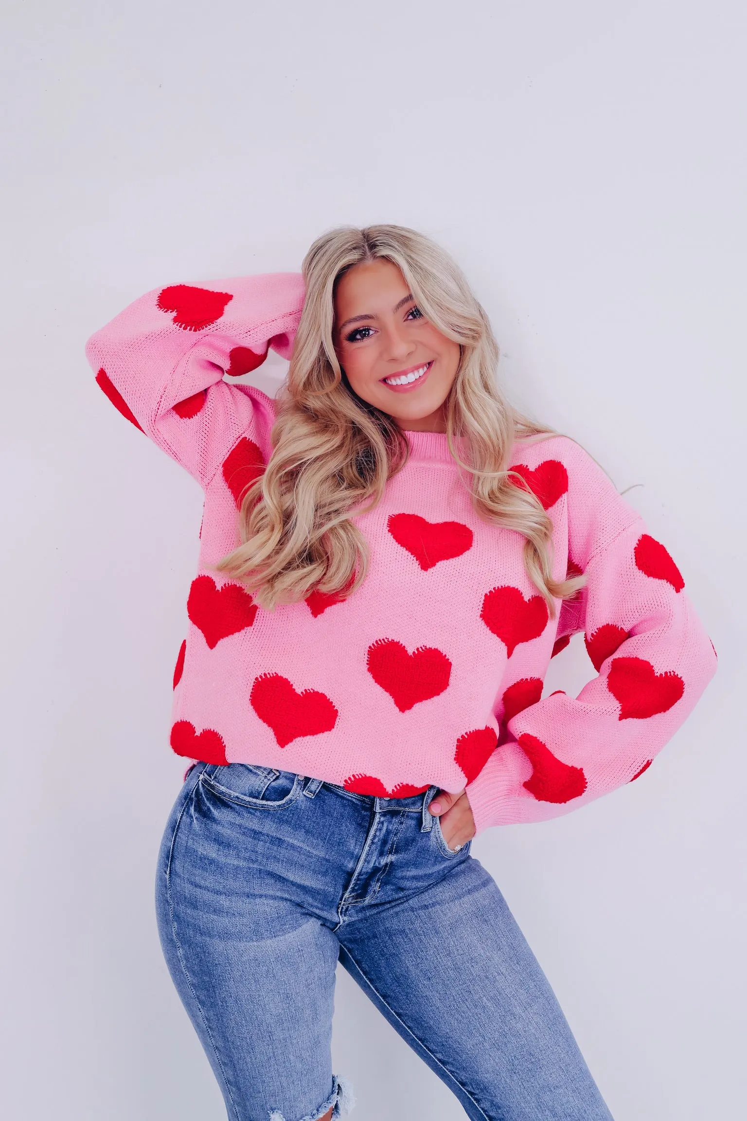 Love Struck Heart Print Sweater - Pink