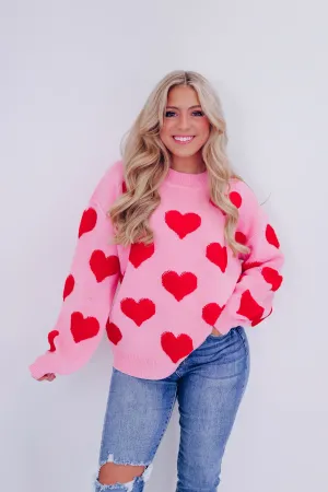 Love Struck Heart Print Sweater - Pink