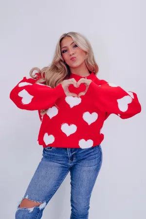 Love Struck Heart Print Sweater -Red