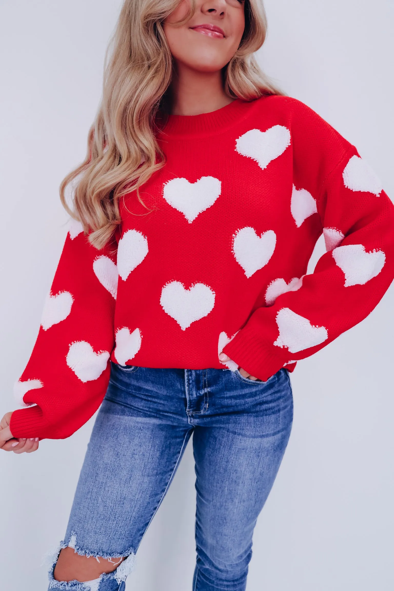 Love Struck Heart Print Sweater -Red