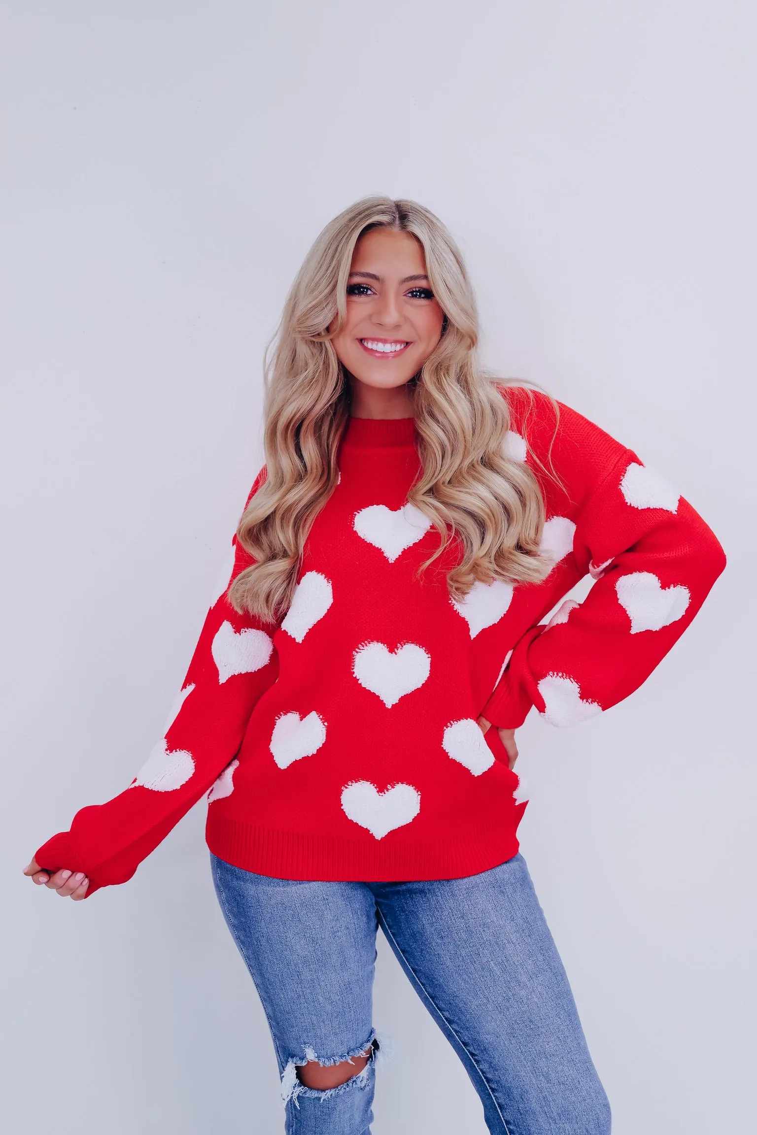 Love Struck Heart Print Sweater -Red