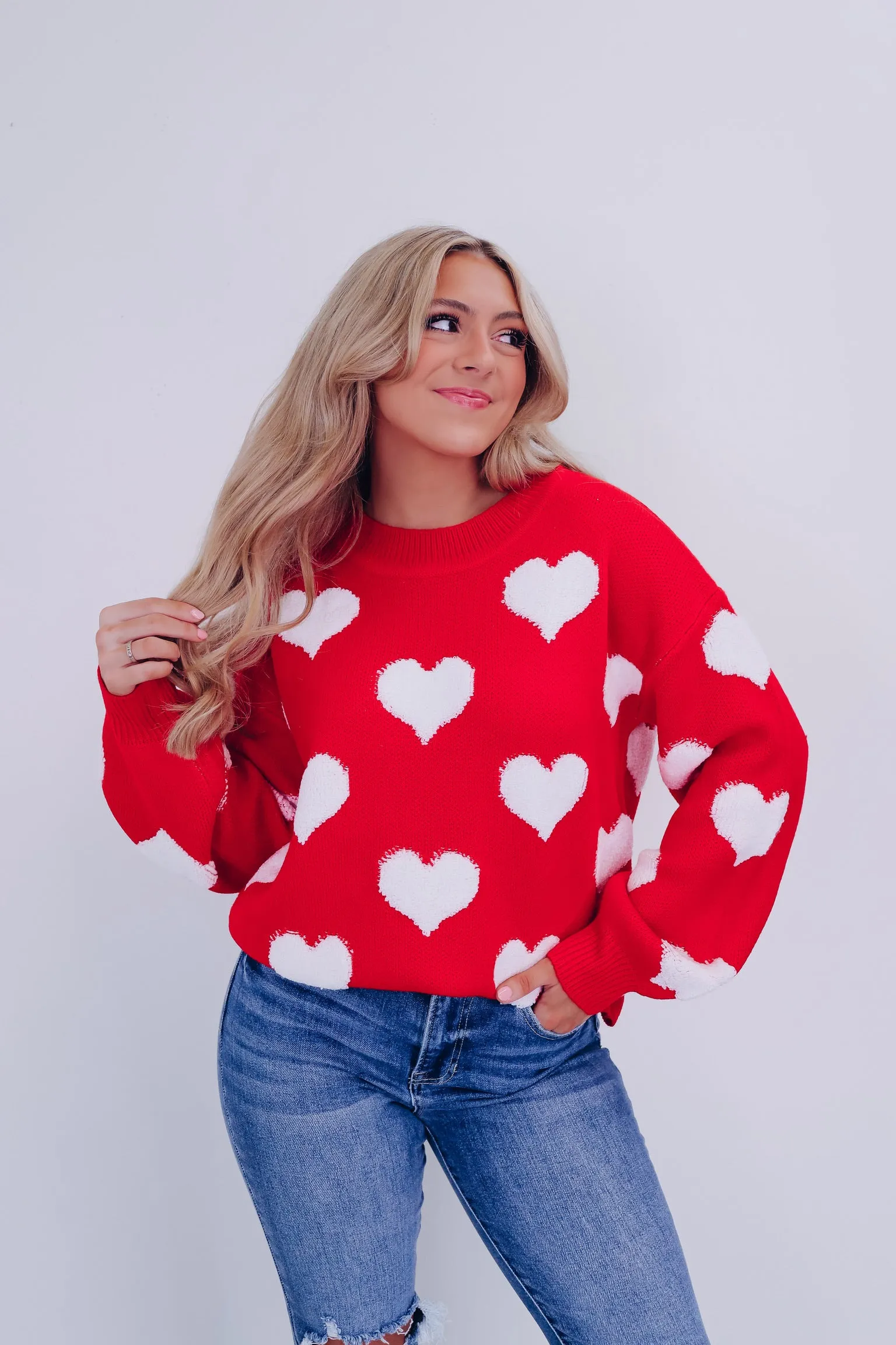 Love Struck Heart Print Sweater -Red