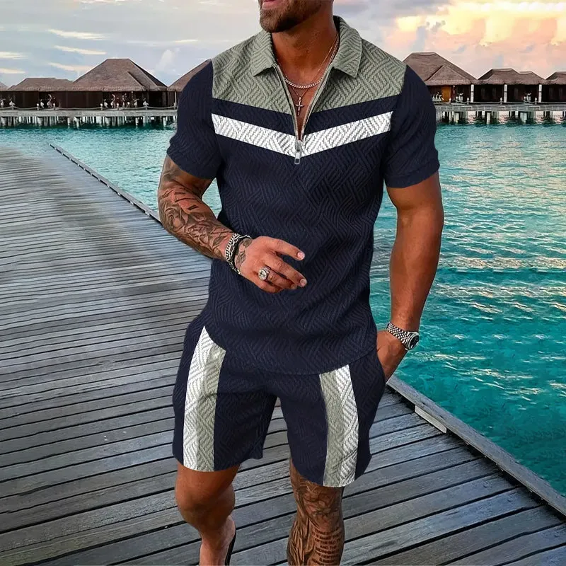 Men's Fashion Chevron Stripes Graphic Print Polo Shirt & Shorts Set 2407002051