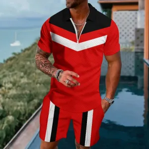 Men's Fashion Chevron Stripes Graphic Print Polo Shirt & Shorts Set 2407002051