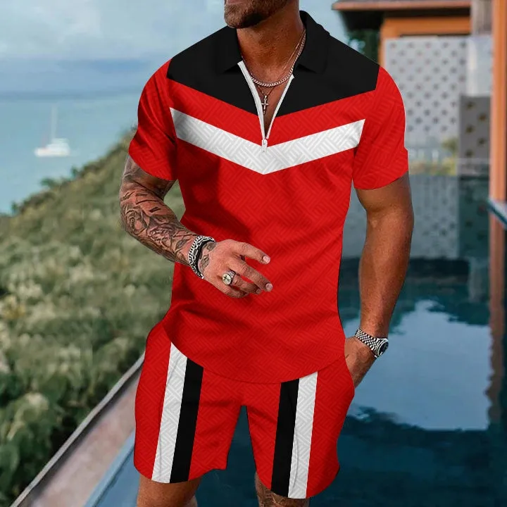 Men's Fashion Chevron Stripes Graphic Print Polo Shirt & Shorts Set 2407002051