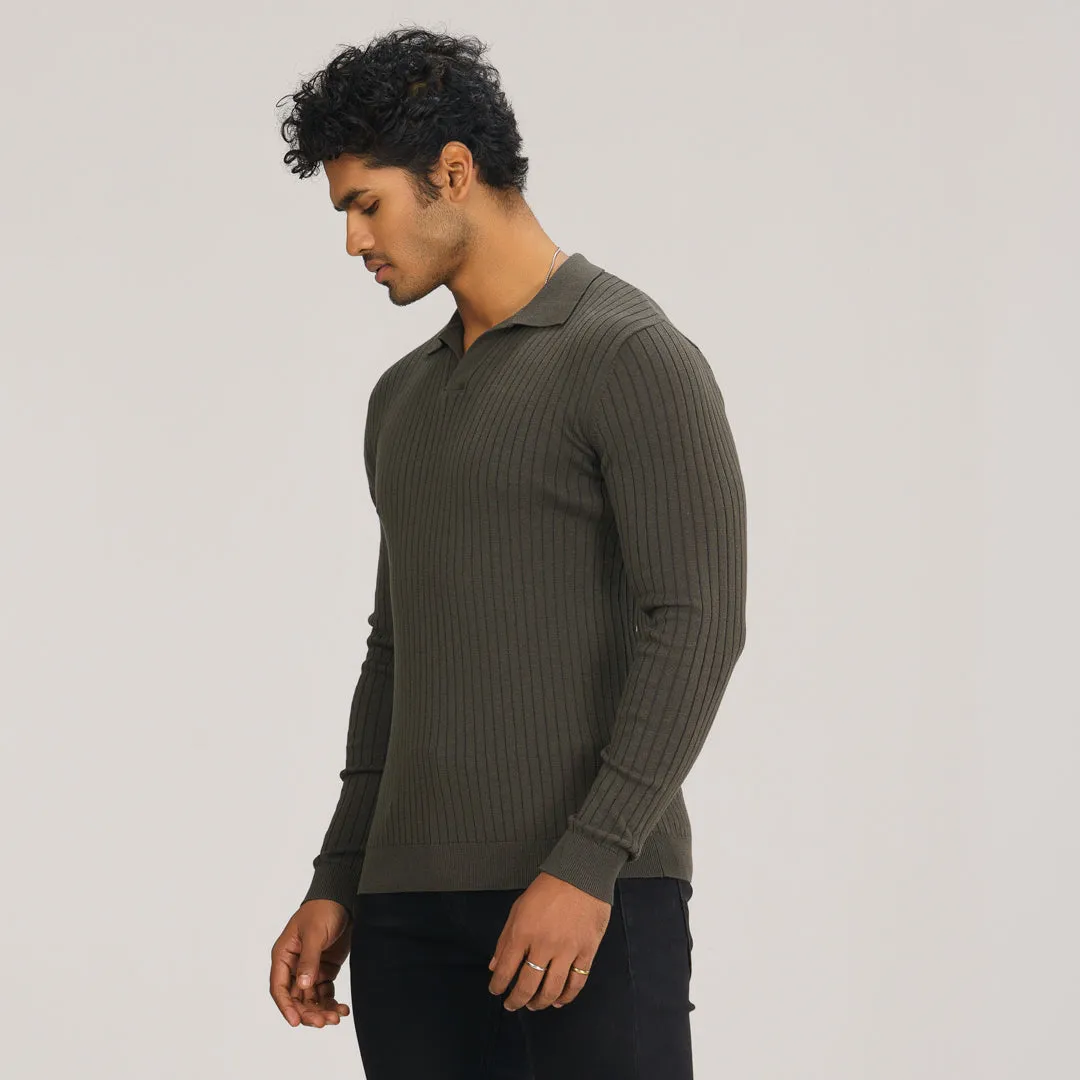Mens Grey Textured Polo Sweater