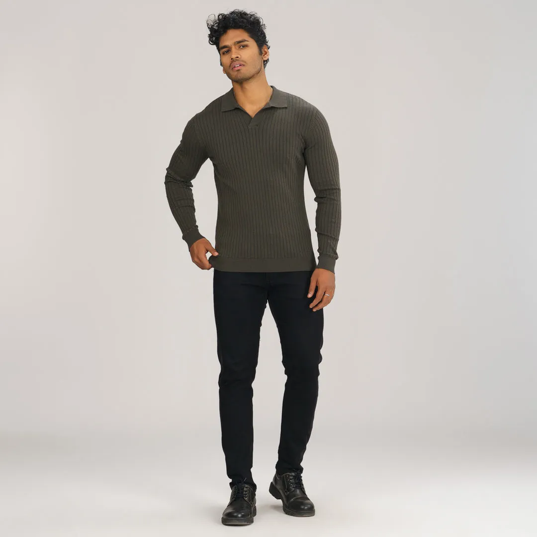 Mens Grey Textured Polo Sweater