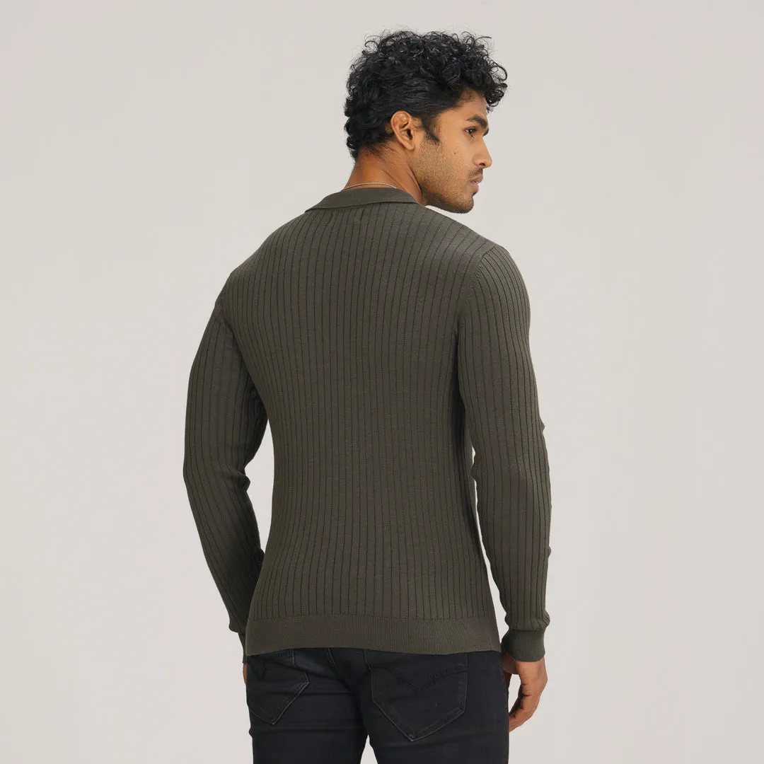 Mens Grey Textured Polo Sweater