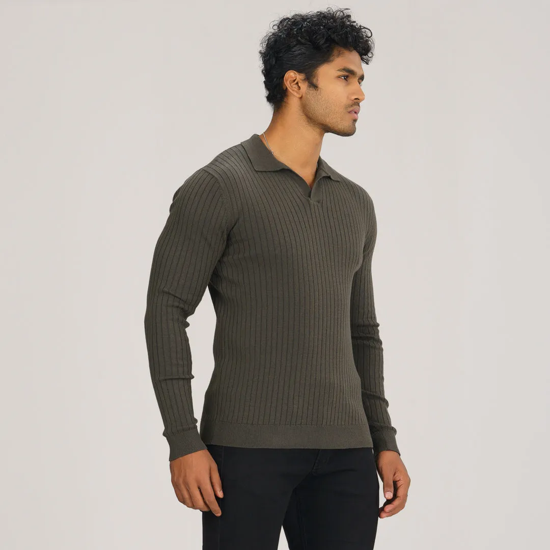 Mens Grey Textured Polo Sweater