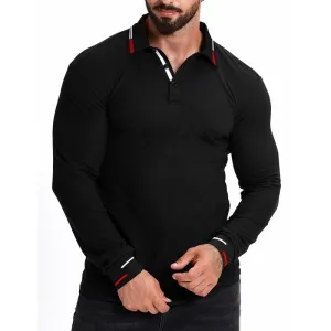 Men's Spring Slim Fit Color Block Long Sleeve Polo Shirt