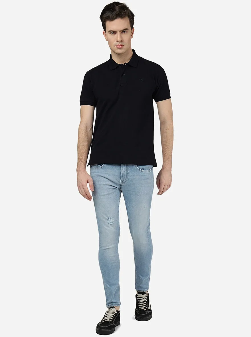 Navy Blue Solid Slim Fit Polo T-Shirt | Greenfibre