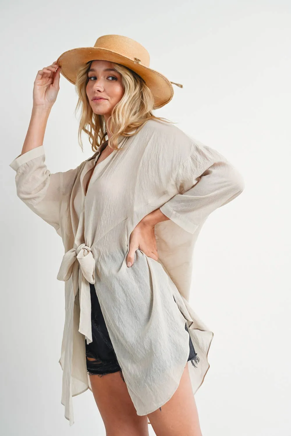 Oatmeal Tie-Front Tunic Shirt