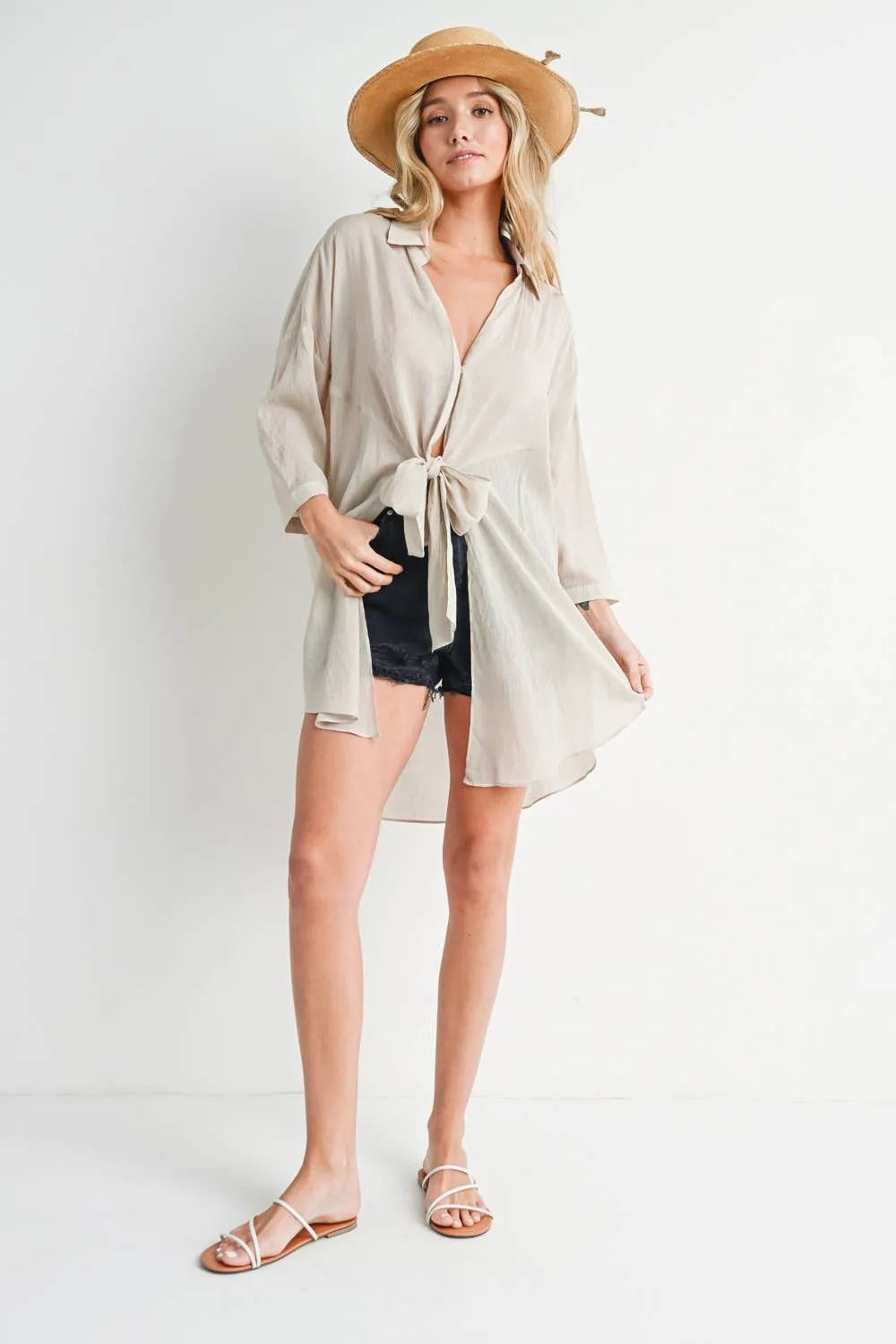 Oatmeal Tie-Front Tunic Shirt