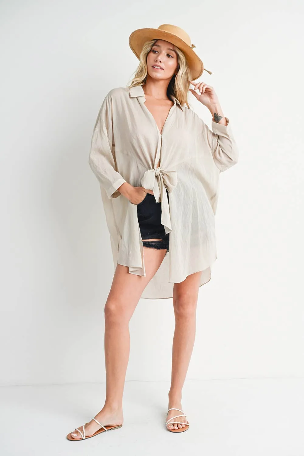 Oatmeal Tie-Front Tunic Shirt