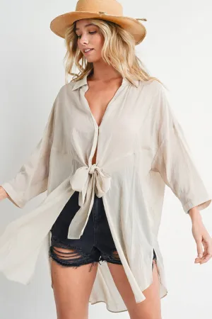 Oatmeal Tie-Front Tunic Shirt