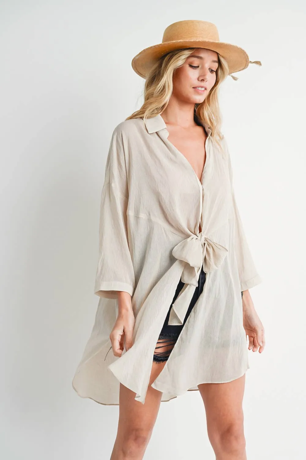 Oatmeal Tie-Front Tunic Shirt