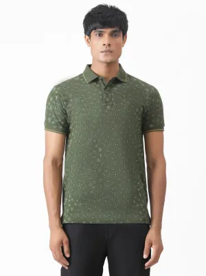 Olive Green Printed Slim Fit Polo T-Shirt | Greenfibre