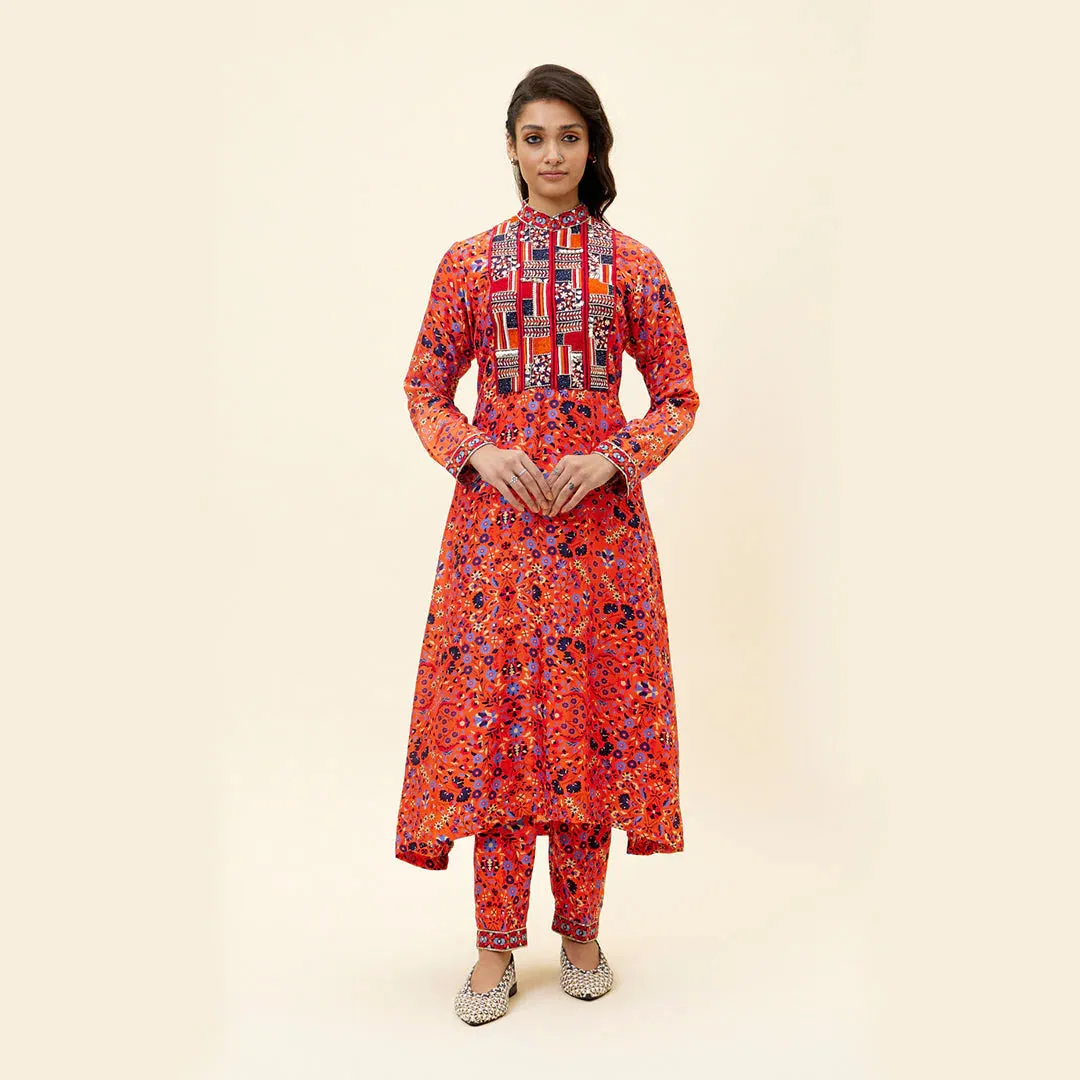 ORANGE JAAL PRINT KURTA TUNIC WITH EMB YOKE AND PANTS
