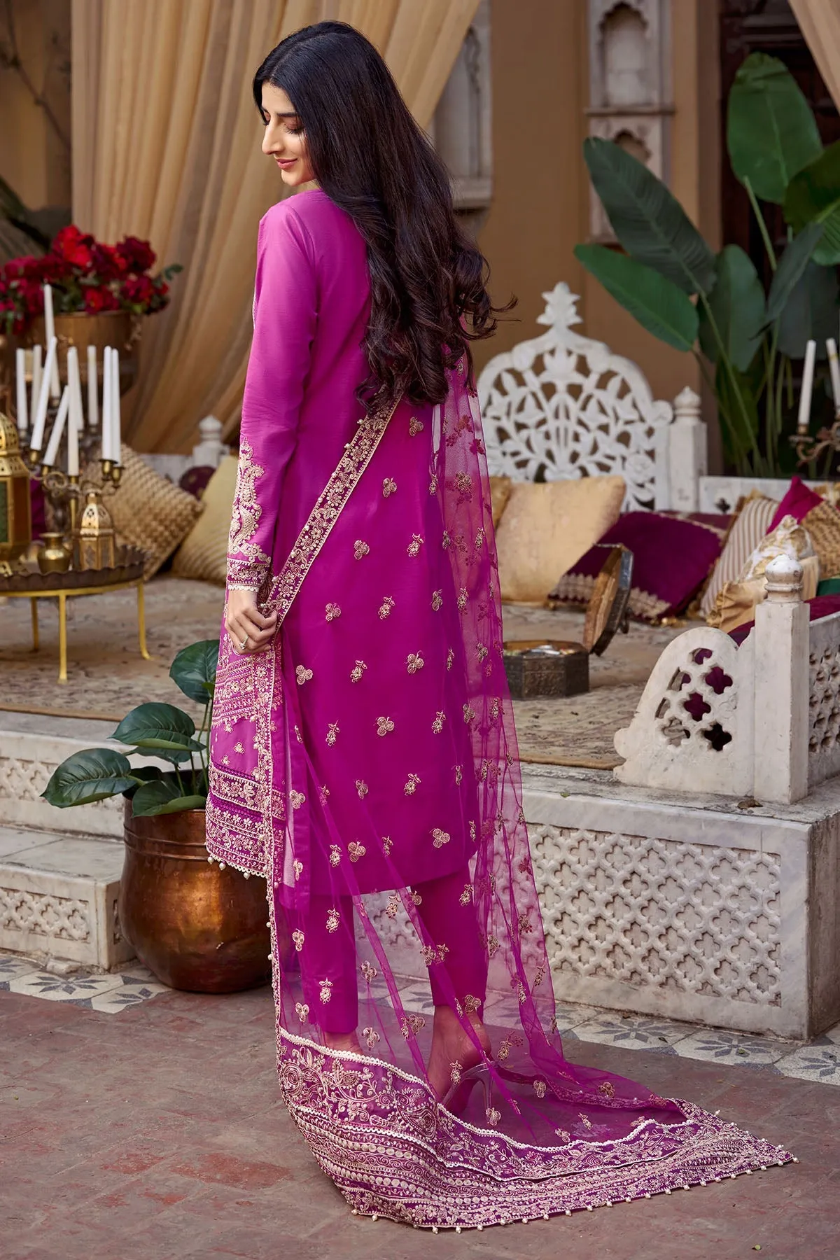 Pakistani Eid Dress Fuchsia Embroidered kameez with Trousers