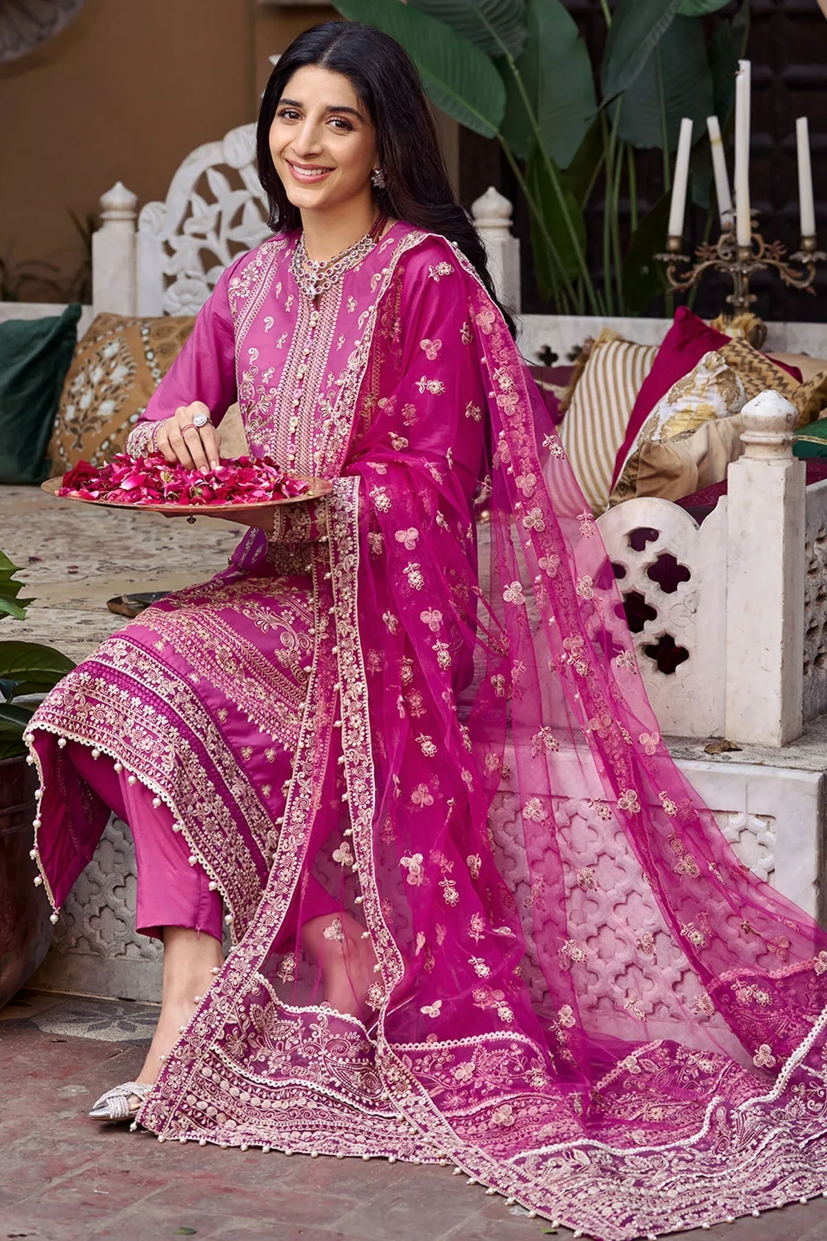 Pakistani Eid Dress Fuchsia Embroidered kameez with Trousers