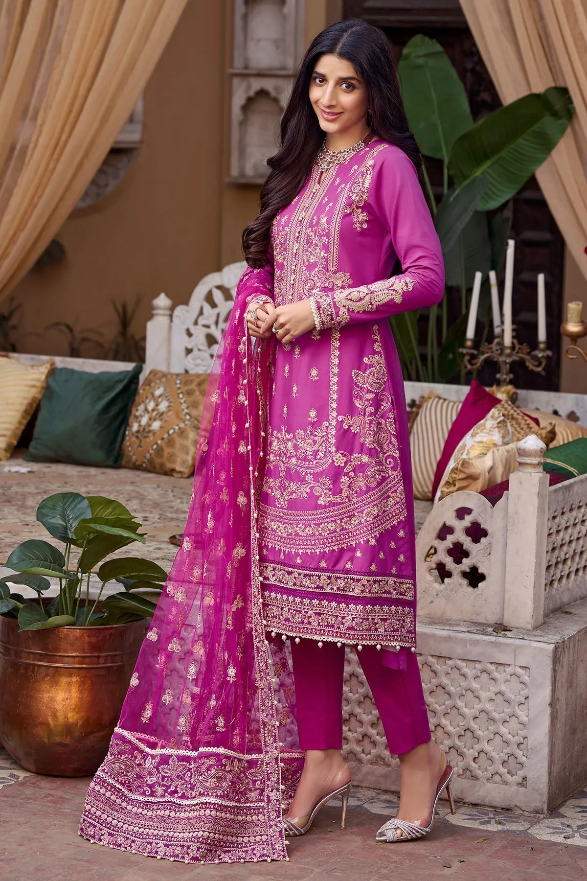 Pakistani Eid Dress Fuchsia Embroidered kameez with Trousers