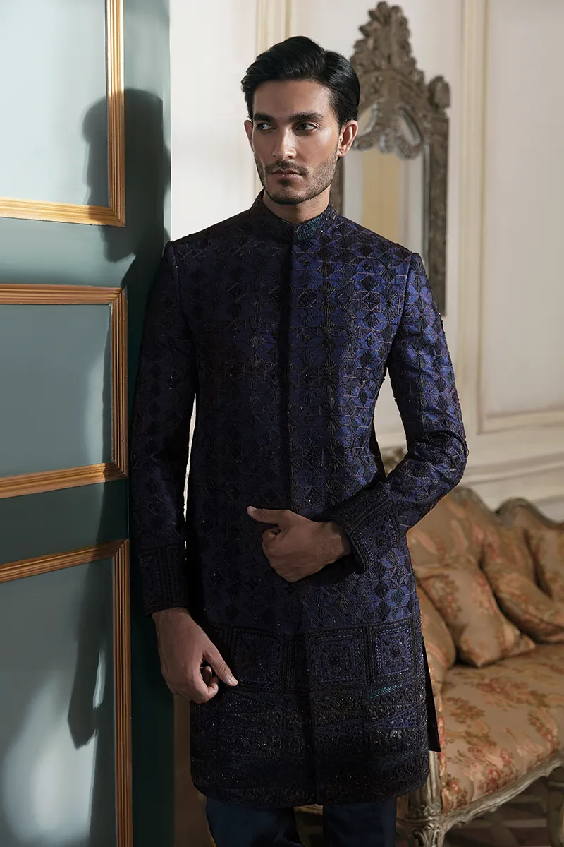Pakistani Groom Dress in Jamawar Blue Sherwani Style